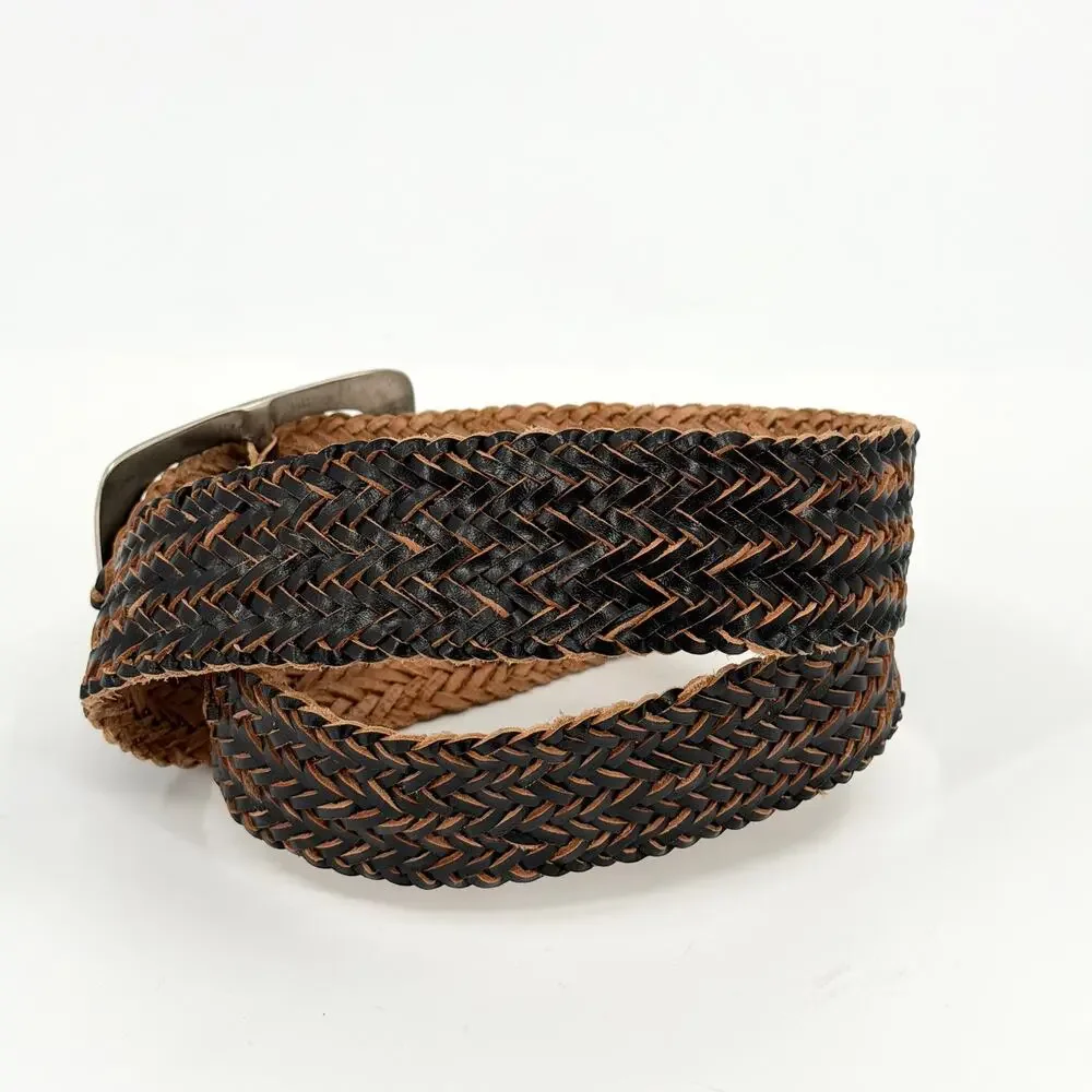 Vintage 90s Black Tan Genuine Leather Boho Western Woven Braided Belt